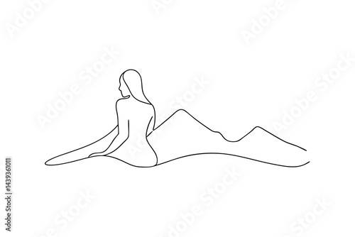 Minimalist line art of woman sitting with mountain landscape outline serene nature vector illustration