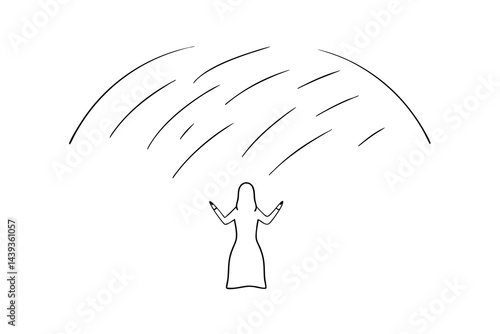 Minimalist illustration of woman praying under falling stars simple line art design