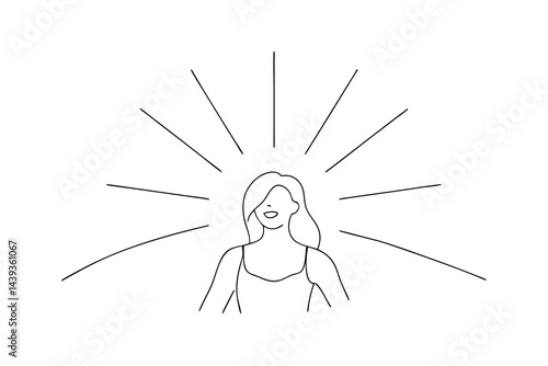 Glowing woman positive energy minimalist line art illustration for personal growth and confidence