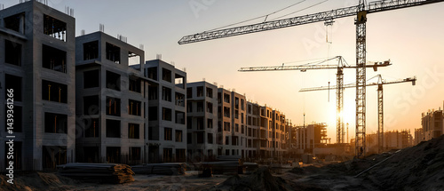 Construction Site of Multi-story Residential Buildings at Sunset