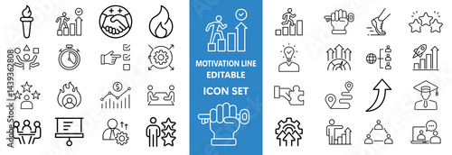 Motivation line editable icon set. Containing personal growth, goal setting, perseverance, achievement, teamwork, passion, thumbs up, and more. Vector illustration
