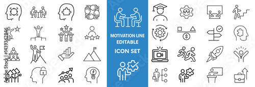 Motivation line editable icon set. Containing personal growth, goal setting, perseverance, achievement, teamwork, passion, thumbs up, and more. Vector illustration