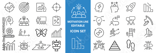 Motivation line editable icon set. Containing personal growth, goal setting, perseverance, achievement, teamwork, passion, thumbs up, and more. Vector illustration