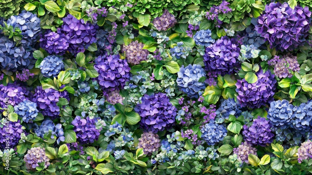 Vibrant Floral Background with Hydrangeas in Vivid Shades of Purple, Blue, and Green Leaves for Nature and Garden Themes Vibrant Floral Background with Hydrangeas in Vivid Shades of Purple, Blue, and Green Leaves for Nature and Garden Themes