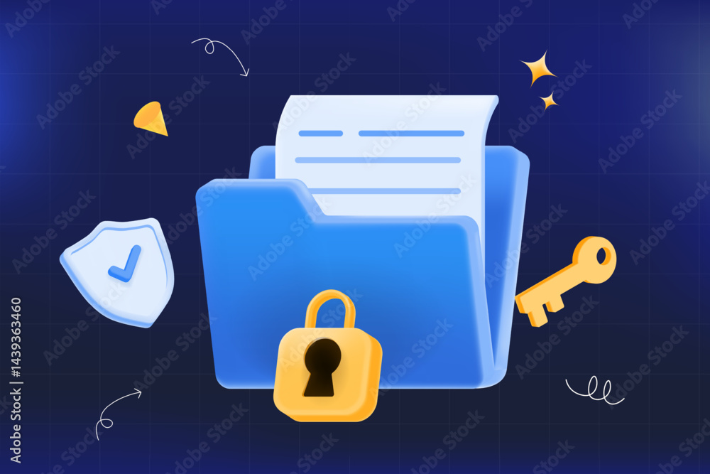 3d Secure file blue folder with lock, key, and shield icon. data ...