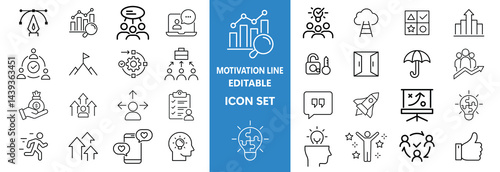 Motivation line editable icon set. Containing personal growth, goal setting, perseverance, achievement, teamwork, passion, thumbs up, and more. Vector illustration