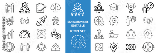 Motivation line editable icon set. Containing personal growth, goal setting, perseverance, achievement, teamwork, passion, thumbs up, and more. Vector illustration