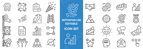 Motivation line editable icon set. Containing personal growth, goal setting, perseverance, achievement, teamwork, passion, thumbs up, and more. Vector illustration