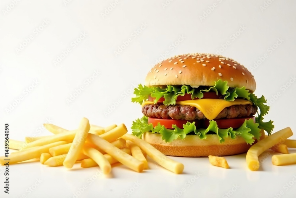 Scattered french fries and burger on white background , fast food, high calorie Scattered french fries and burger on white background , fast food, high calorie