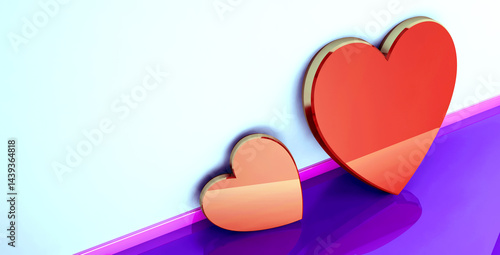 Two red hearts are on a purple background.