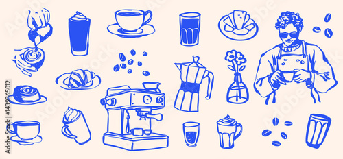 Hand Drawn Coffee Shop Clip Art, Coffee Cup,  Doodle Line Drawing Latte, Americano, Cappuccino, Street Coffee, Coffee Machine, Caffeine, Coffee Icons, Brunch Food Vector SVG