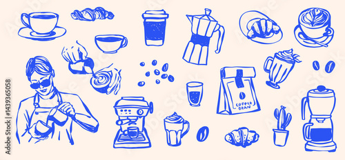 Hand Drawn Coffee Shop Clip Art, Coffee Cup,  Doodle Line Drawing Latte, Americano, Cappuccino, Street Coffee, Coffee Machine, Caffeine, Coffee Icons, Brunch Food Vector SVG