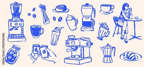 Hand Drawn Coffee Shop Clip Art, Coffee Cup,  Doodle Line Drawing Latte, Americano, Cappuccino, Street Coffee, Coffee Machine, Caffeine, Coffee Icons, Brunch Food Vector SVG
