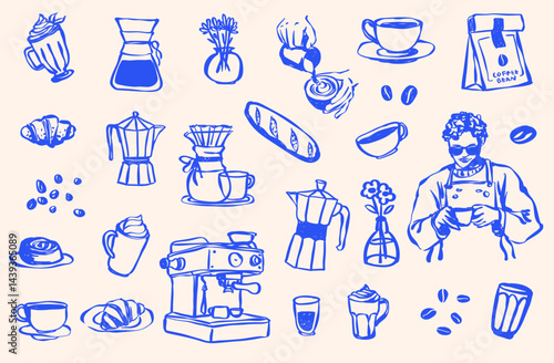 Hand Drawn Coffee Shop Clip Art, Coffee Cup,  Doodle Line Drawing Latte, Americano, Cappuccino, Street Coffee, Coffee Machine, Caffeine, Coffee Icons, Brunch Food Vector SVG