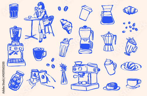Hand Drawn Coffee Shop Clip Art, Coffee Cup,  Doodle Line Drawing Latte, Americano, Cappuccino, Street Coffee, Coffee Machine, Caffeine, Coffee Icons, Brunch Food Vector SVG