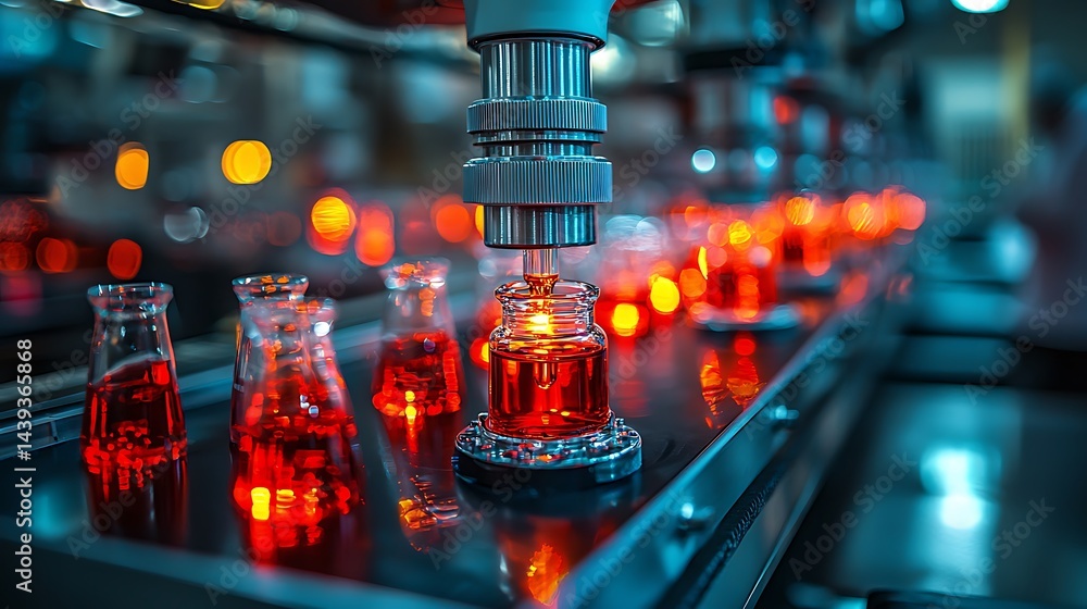 Advanced Technology in Laboratory with Glassware and Red Liquid in Focused Equipment Scene Advanced Technology in Laboratory with Glassware and Red Liquid in Focused Equipment Scene