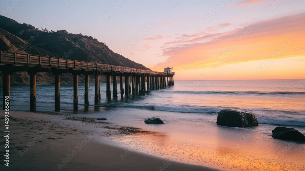 Obraz premium A beautiful ocean pier stretches towards the horizon during sunset