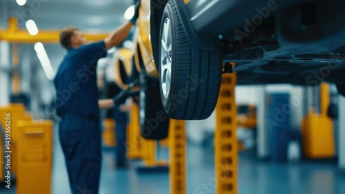 Wallpaper Mural Automobile Repair and Maintenance Mechanic in Workshop Focusing on Tire Inspection and Vehicle Service with Essential Tools in Well Equipped Garage Torontodigital.ca