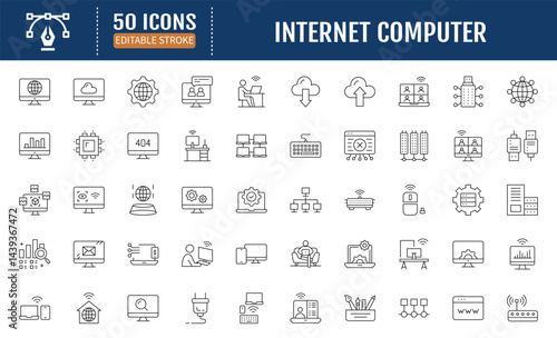 Internet computer line editable icon set. Containing online, computer, network, website, server, web design, hardware, software, programming and more. Vector Illustration