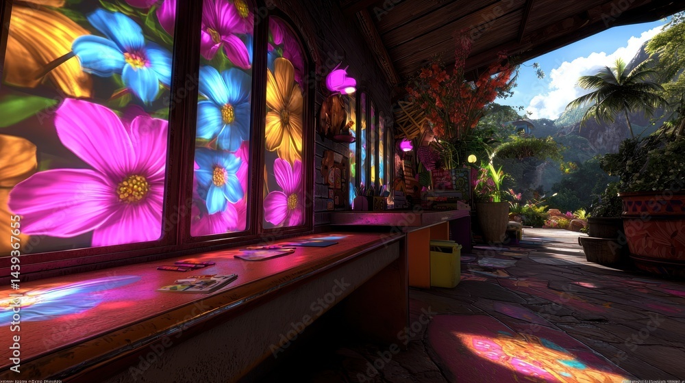 Obraz premium Colorful floral shop interior, tropical garden background, peaceful scene