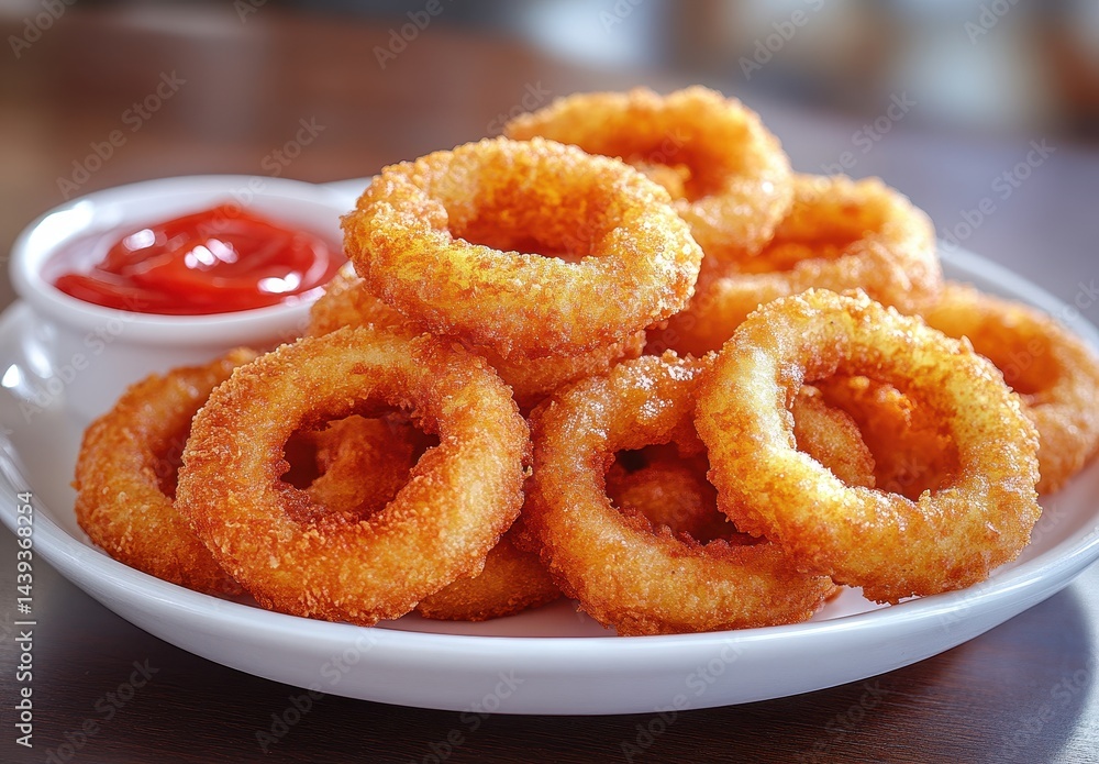 Crispy and Golden Fried Onion Rings Served with Tangy Ketchup in a White Plate for Delicious Snack and Appetizer Enjoyment Crispy and Golden Fried Onion Rings Served with Tangy Ketchup in a White Plate for Delicious Snack and Appetizer Enjoyment