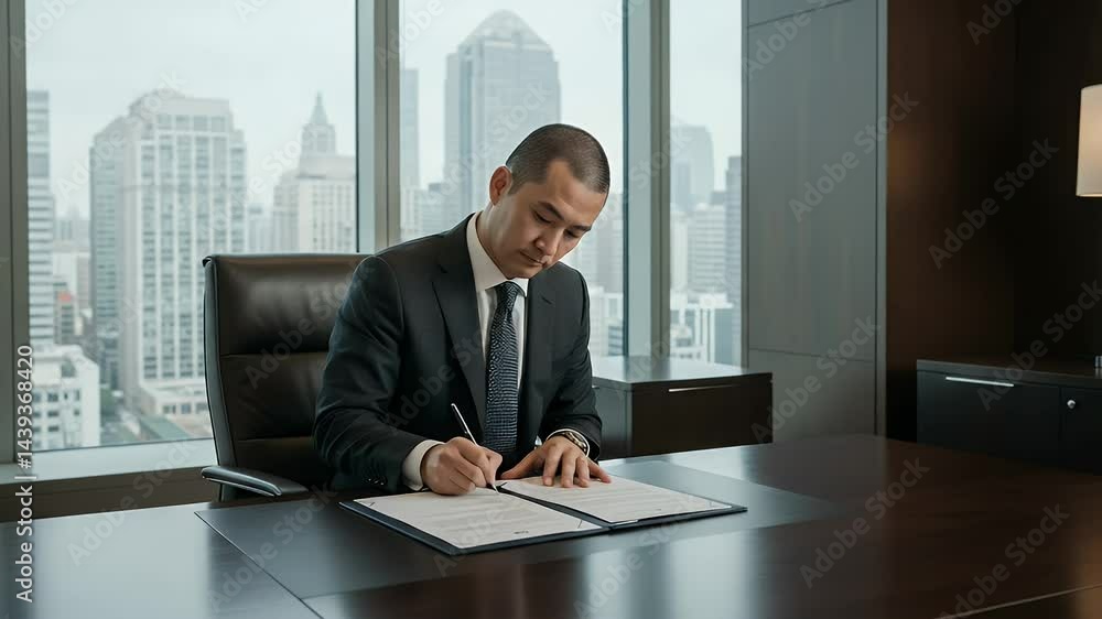 Man Signing Document at Desk with City View in Office Man Signing Document at Desk with City View in Office