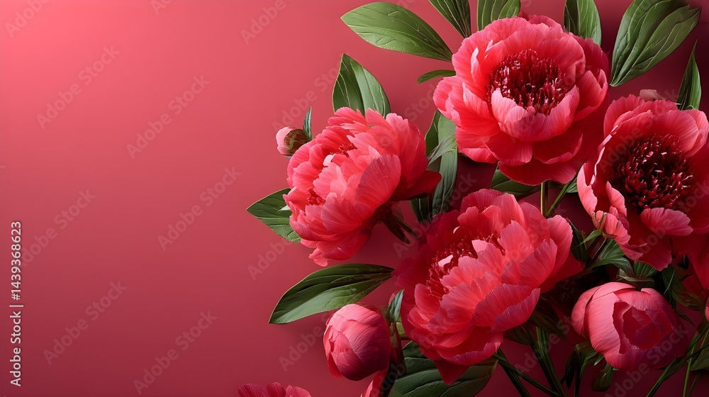 Red Peony Blooms on Red Background: A stunning composition of vibrant red peony flowers, with lush green leaves and a soft red background, radiating freshness and natural beauty. Red Peony Blooms on Red Background: A stunning composition of vibrant red peony flowers, with lush green leaves and a soft red background, radiating freshness and natural beauty.