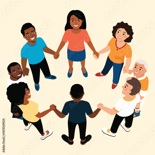 Diverse people in unity celebrating International Day of Cooperatives, solid color flat vector illustration perfect for awareness campaigns, cooperative branding, and educational content