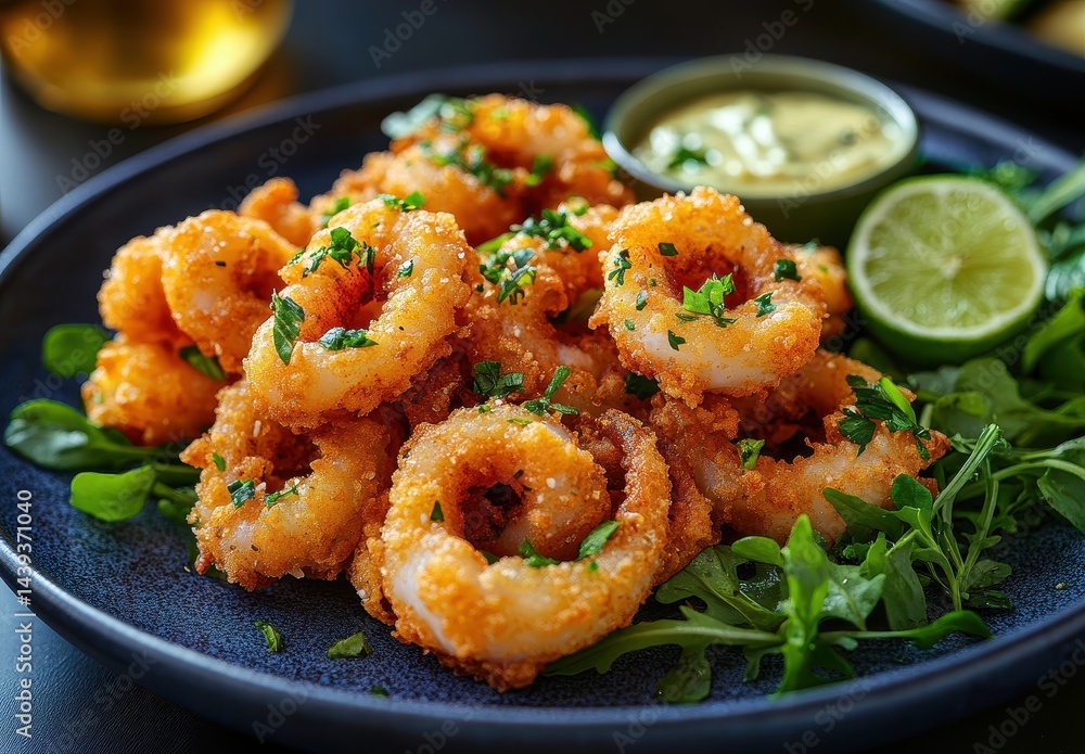 Crispy Fried Calamari with Fresh Herbs and Lime Garnish Served with Creamy Dipping Sauce on a Dark Plate Crispy Fried Calamari with Fresh Herbs and Lime Garnish Served with Creamy Dipping Sauce on a Dark Plate