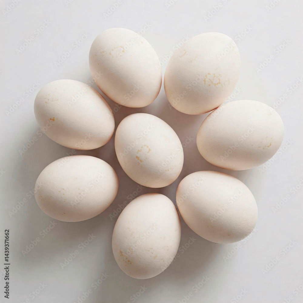 White chicken eggs on a white background. Flat lay, top view. White chicken eggs on a white background. Flat lay, top view.