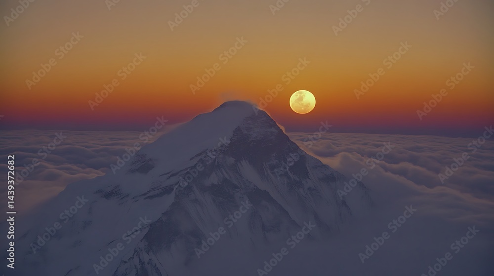Fototapeta premium Majestic mountain peak above clouds at sunrise/sunset
