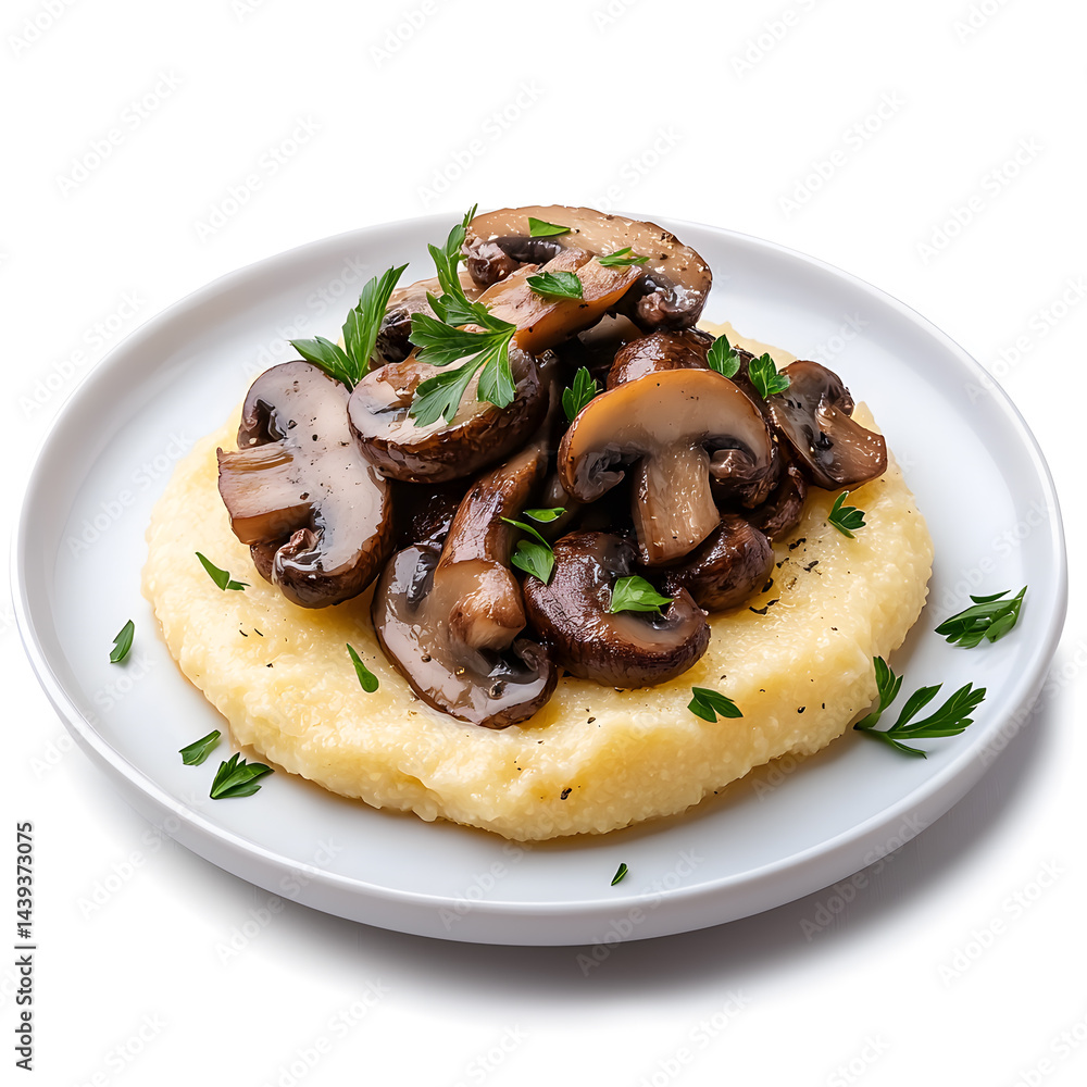 Polenta with mushrooms italian food on plate, isolated on white