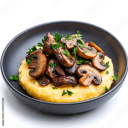 Obraz na płótnie Polenta with mushrooms italian food on plate, isolated on white w salonie