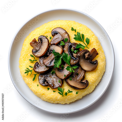 Polenta with mushrooms italian food on plate, isolated on white