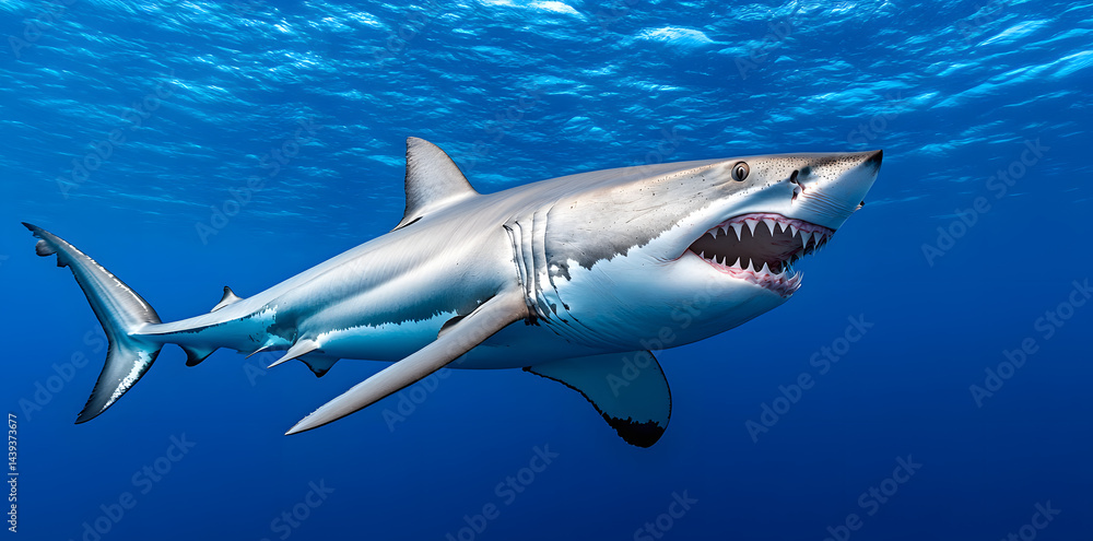 Naklejka premium An image of shark with razor-sharp teeth swimming in the depths