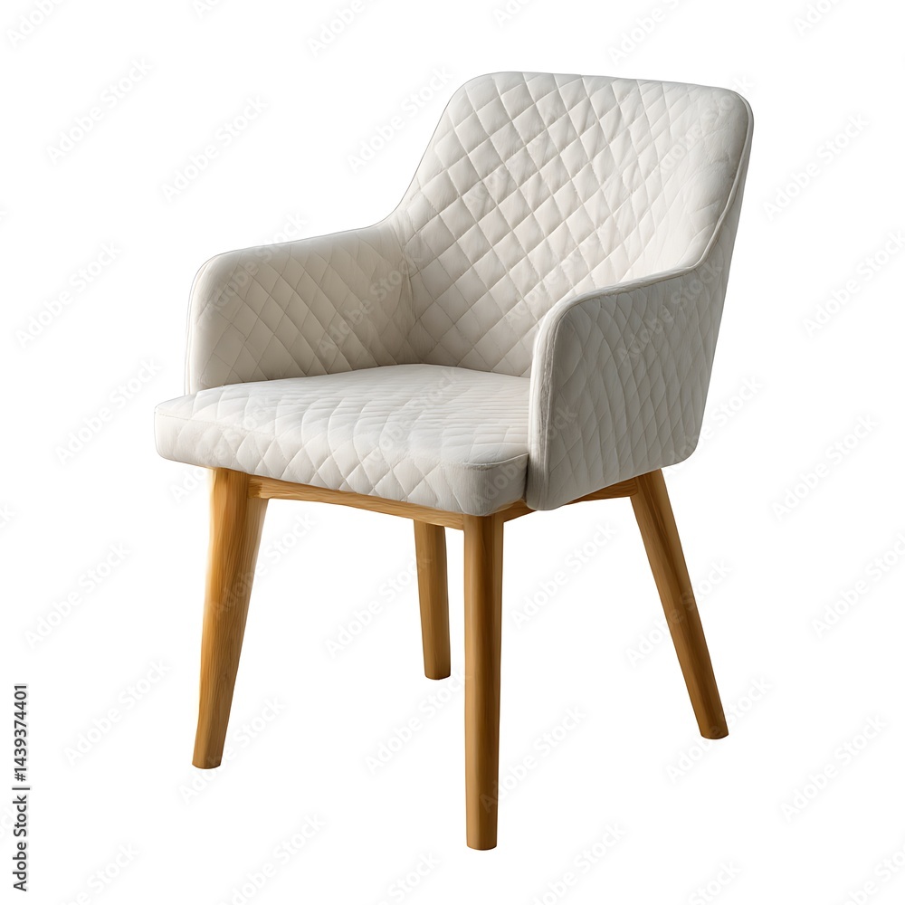 A modern accent chair featuring a light-colored upholstered seat and back with a quilted pattern, complemented by a wooden frame and legs. Isolated on a clean white background A modern accent chair featuring a light-colored upholstered seat and back with a quilted pattern, complemented by a wooden frame and legs. Isolated on a clean white background