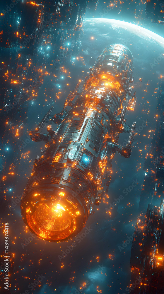 Fototapeta premium A cylinder spaceship surrounded by glowing objects set against a distant blue and white planet
