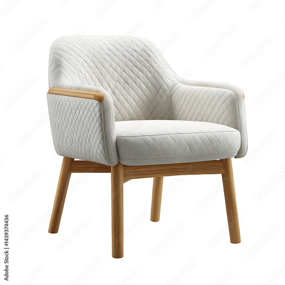 A modern accent chair featuring a light-colored upholstered seat and back with a quilted pattern, complemented by a wooden frame and legs. Isolated on a clean white background A modern accent chair featuring a light-colored upholstered seat and back with a quilted pattern, complemented by a wooden frame and legs. Isolated on a clean white background