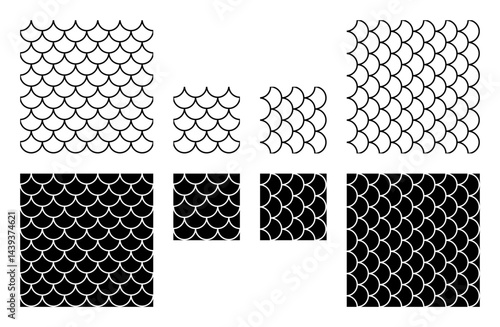 Seamless scale pattern tiles. Templates with patterns similar to fish and snake scales or roof shingles, to string them together seamlessly in all directions. Isolated black and white illustration.