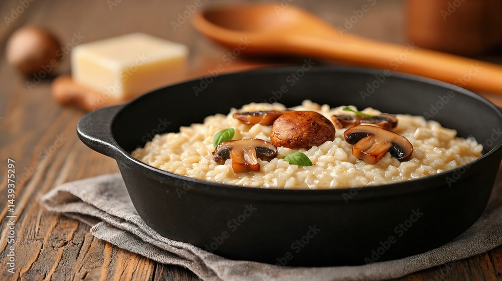 Creamy Mushroom Risotto with Parmesan in Cast Iron Skillet Creamy Mushroom Risotto with Parmesan in Cast Iron Skillet