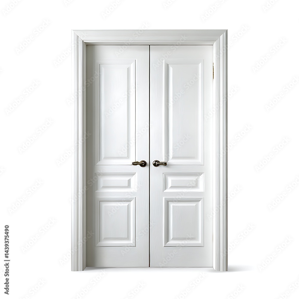 A pristine white, double interior door isolated on a white background A pristine white, double interior door isolated on a white background