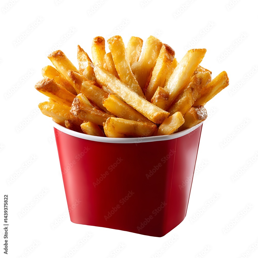 A red container filled with golden, crispy french fries, isolated on a white background A red container filled with golden, crispy french fries, isolated on a white background