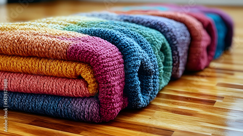 Colorful knitted fabrics are arranged on a wooden surface exhibiting a rainbow spectrum of warm and cool hues