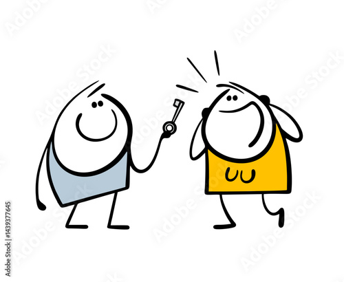 Vector illustration of a generous man giving a woman a key to an apartment or car. Funny situation, the girl or the wife is delighted with the surprise.