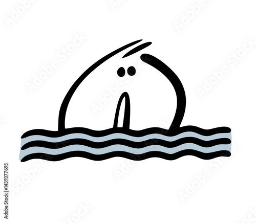 Funny stickman swims in the sea, river or ocean. Vector illustration of a head sticking out of the water, a man drowning in a lake or playing sports in a pool. Waves and nature.
