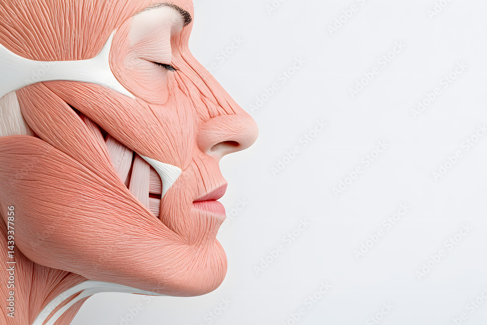 Side view of a woman face internal muscles anatomy illustration isolated on white background