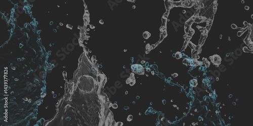 Splash and drops of water on a blue background. World of bubbles - Blue. Abstract fresh soda and air bubbles, oxygen, champagne crystal. Raindrops on a dark background .