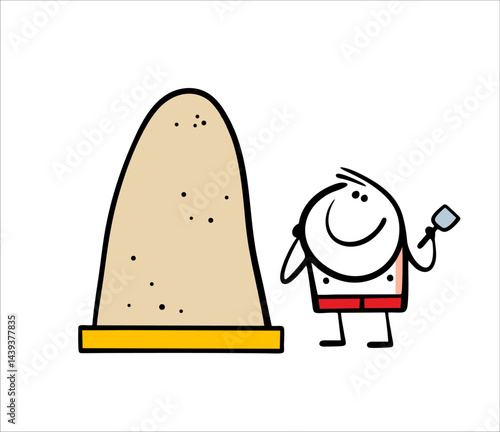 Cartoon little boy on the beach holds a dustpan and plays in the sandbox. Vector illustration of a child in red swimming trunks and a huge mountain of sand.