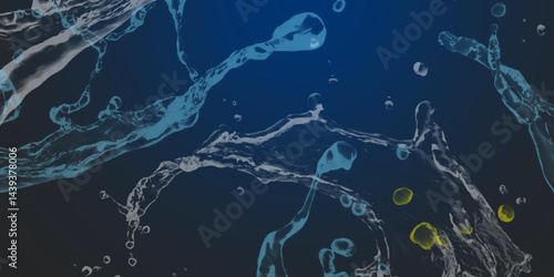 Splash and drops of water on a blue background. World of bubbles - Blue. Abstract fresh soda and air bubbles, oxygen, champagne crystal. Raindrops on a dark background .