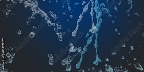 Splash and drops of water on a blue background. World of bubbles - Blue. Abstract fresh soda and air bubbles, oxygen, champagne crystal. Raindrops on a dark background .